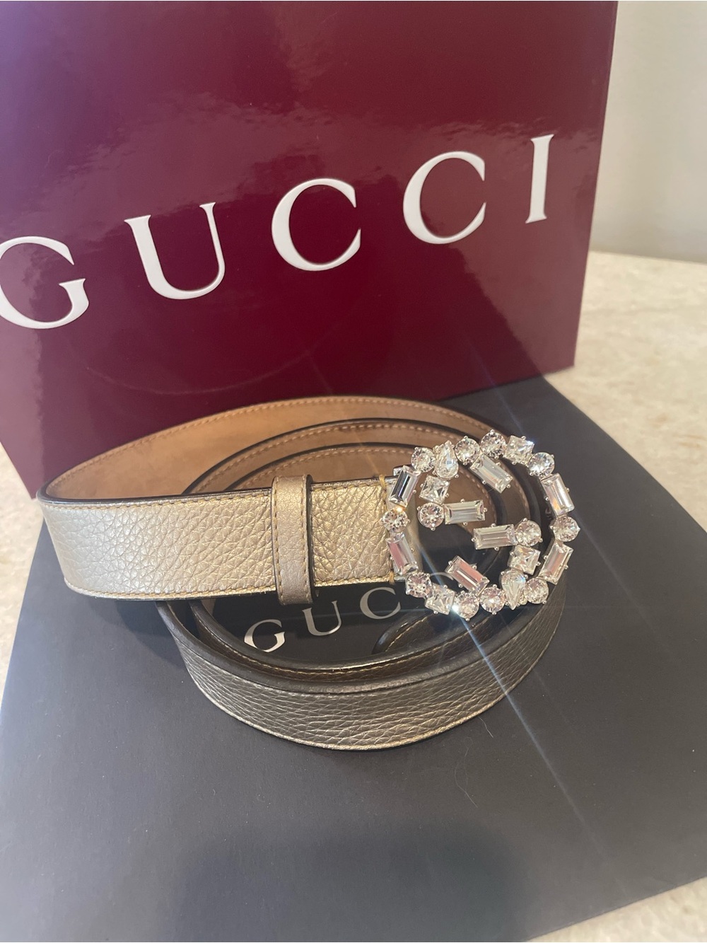 GUCCI~354381Crystal Embellished Interlocking G Leather Belt